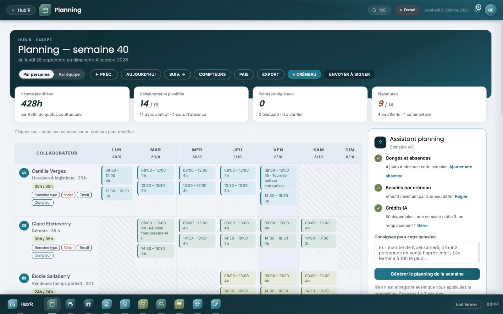 Le planning de la semaine dans Hub’R, avec les heures de chaque salarié et l’assistant planning